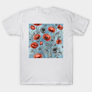 Peachy Red and Ash Poppies Floral Pattern on Dusty Sky Blue T-Shirt